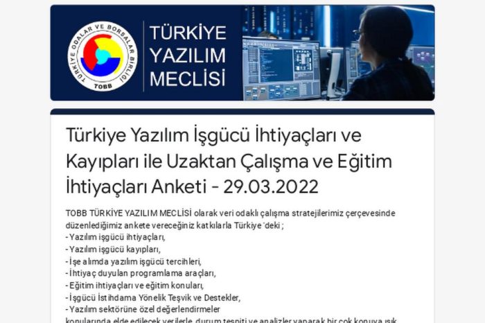 TOBB Yazılım Meclisi'nden 'Türkiye Yazılım İş Gücü İhtiyaçları ve Kayıpları ile Uzaktan Çalışma ve Eğitim İhtiyaçları Anketi'ne çağrı